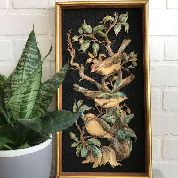 Other - Magnifique Cadre Vintage "cut paper 3d Art shadow" 1970 Birds/oiseaux